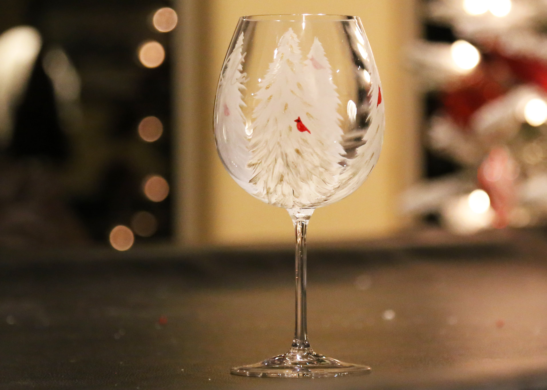 Hand Painted Martini Glasses Winter Snow With Cardinal set of 2 